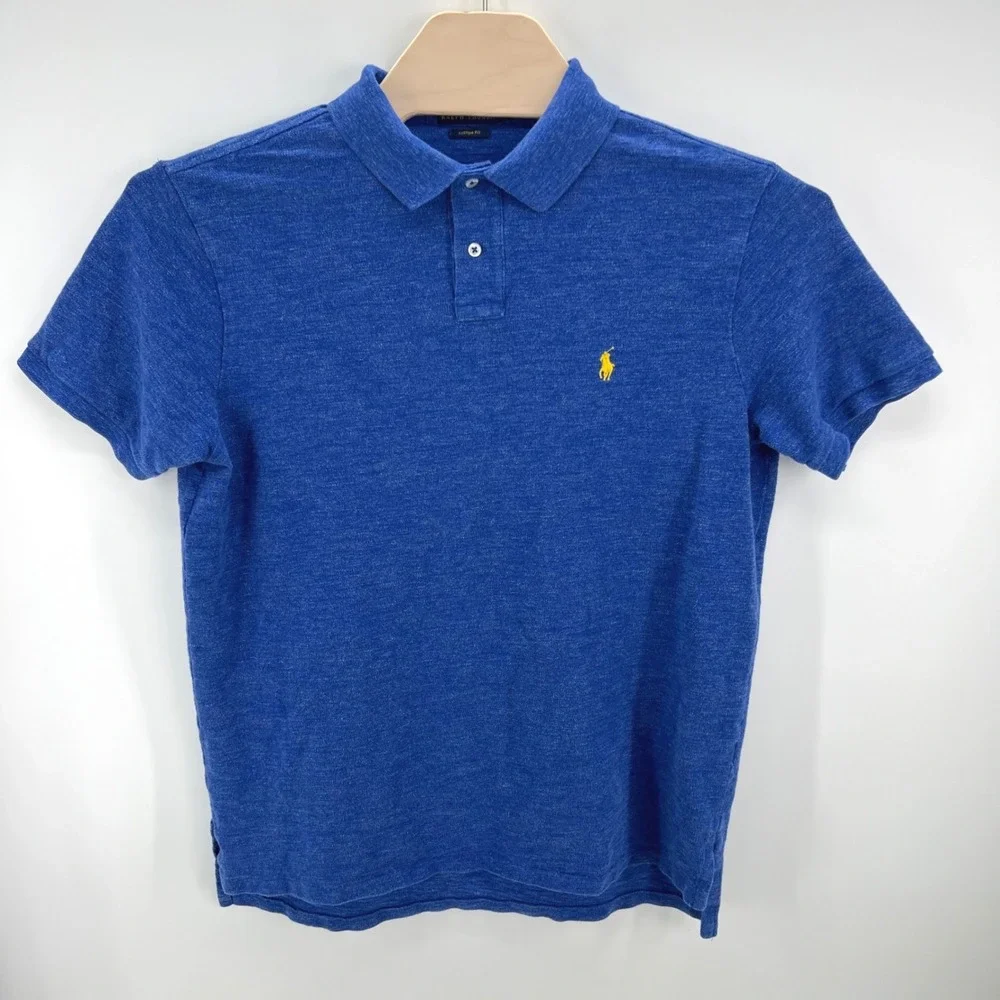 Polo Ralph Lauren Shirt Mens XL Blue Custom Fit Heathered Cotton Yellow Pony